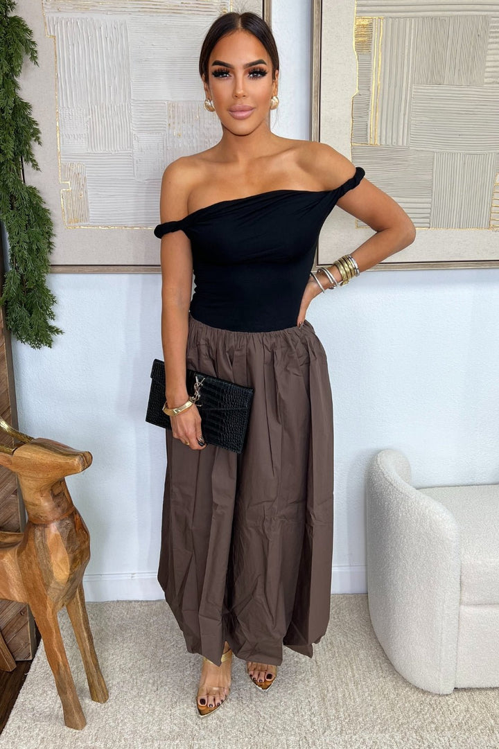 Brown Ella Off - The - Shoulder Midi Dress - STYLED BY ALX COUTUREDRESSES