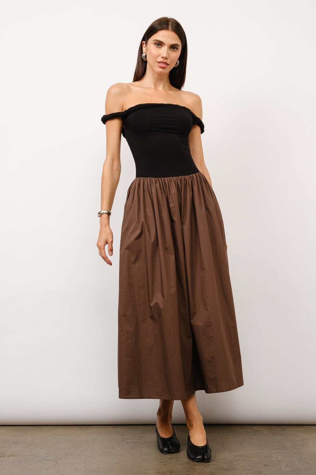 Brown Ella Off - The - Shoulder Midi Dress - STYLED BY ALX COUTUREDRESSES