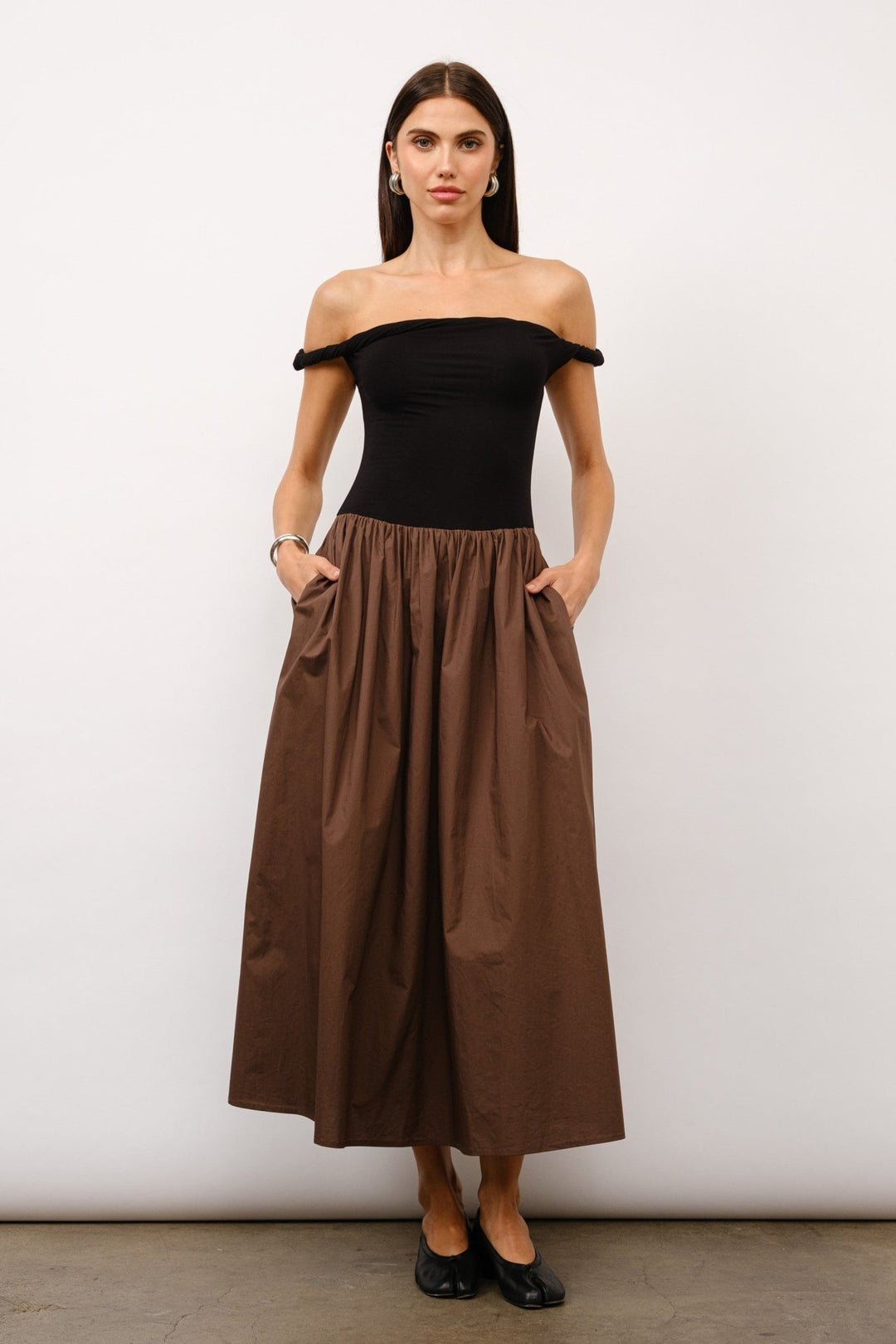 Brown Ella Off - The - Shoulder Midi Dress - STYLED BY ALX COUTUREDRESSES