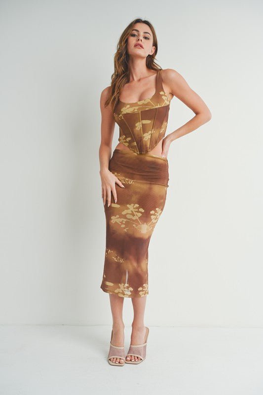 Brown Leaf Print Corset Top Midi Skirt Set - STYLED BY ALX COUTUREOutfit Sets