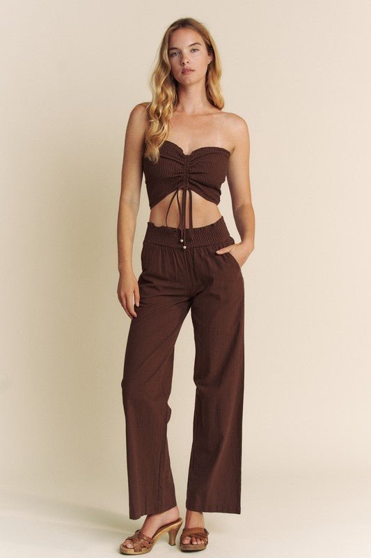 Brown Linen Ruched Front Pants Set - STYLED BY ALX COUTUREOutfit Sets