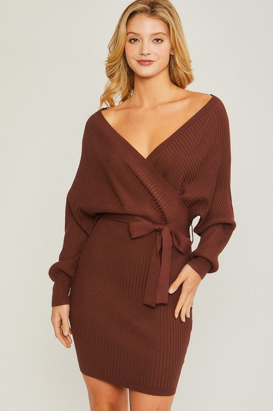 Brown Off Shoulder Wrap Belted Ribbed Knit Dress - STYLED BY ALX COUTUREDRESS