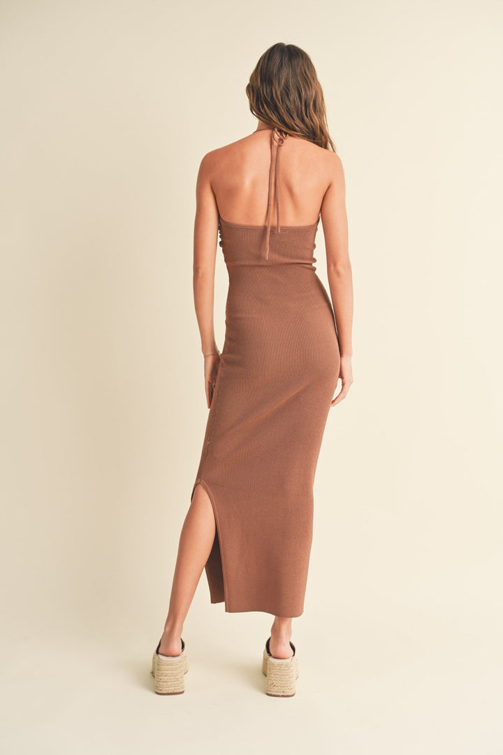 Brown Ruched Detail Halter Neck Knit Long Slit Dress - STYLED BY ALX COUTUREDRESSES