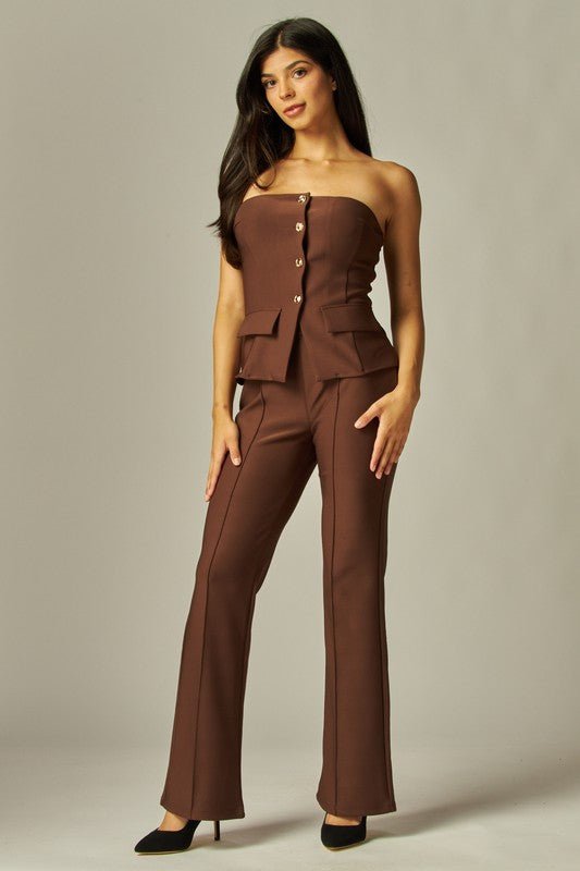 Brown Scuba Strapless Button Down Top - STYLED BY ALX COUTUREShirts & Tops