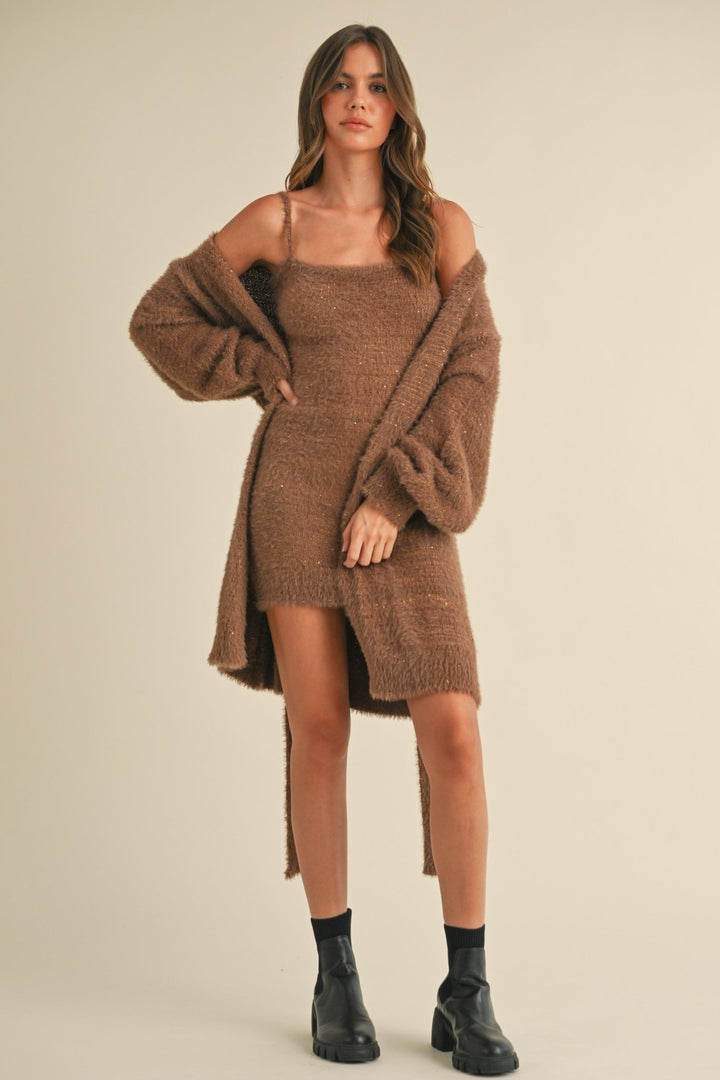 Brown Soft Sleeveless Tube Mini Dress And Cardigan Set - STYLED BY ALX COUTUREOutfit Sets