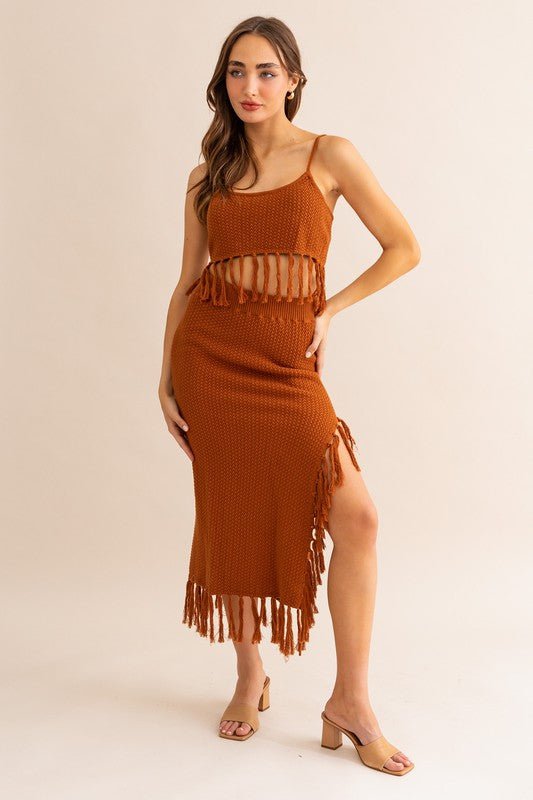 Brown Tassle Detail Spaghetti Sweater Crop Top - STYLED BY ALX COUTURESKIRTS