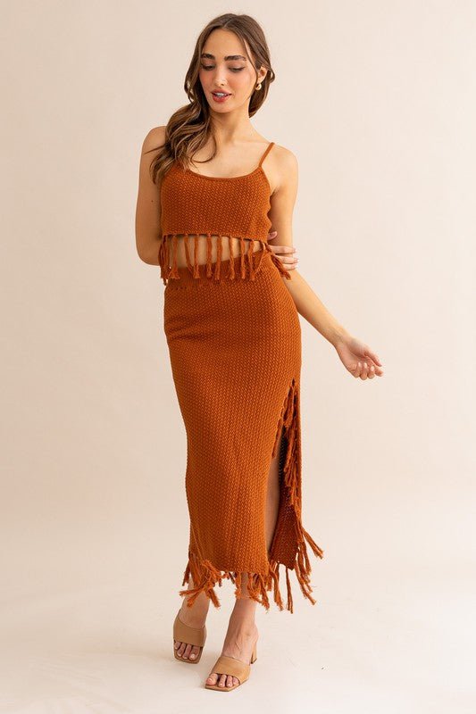 Brown Tassle Detail Spaghetti Sweater Crop Top - STYLED BY ALX COUTURESKIRTS