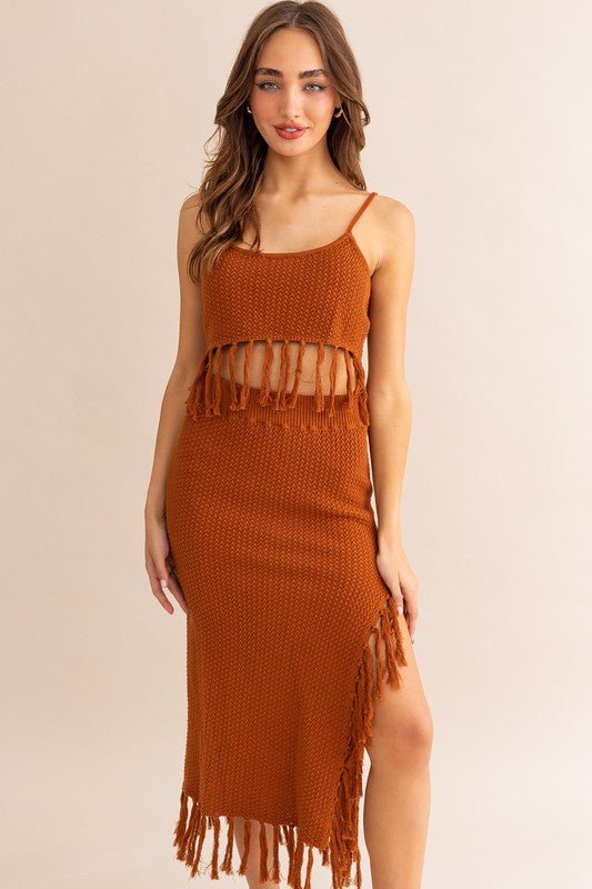 Brown Tassle Detail Spaghetti Sweater Crop Top - STYLED BY ALX COUTURESKIRTS