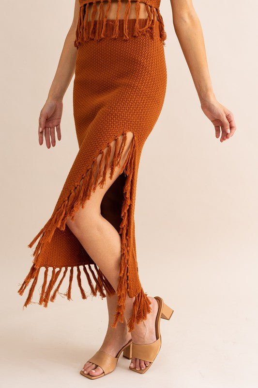 Brown Tassle Detail Spaghetti Sweater Crop Top - STYLED BY ALX COUTURESKIRTS