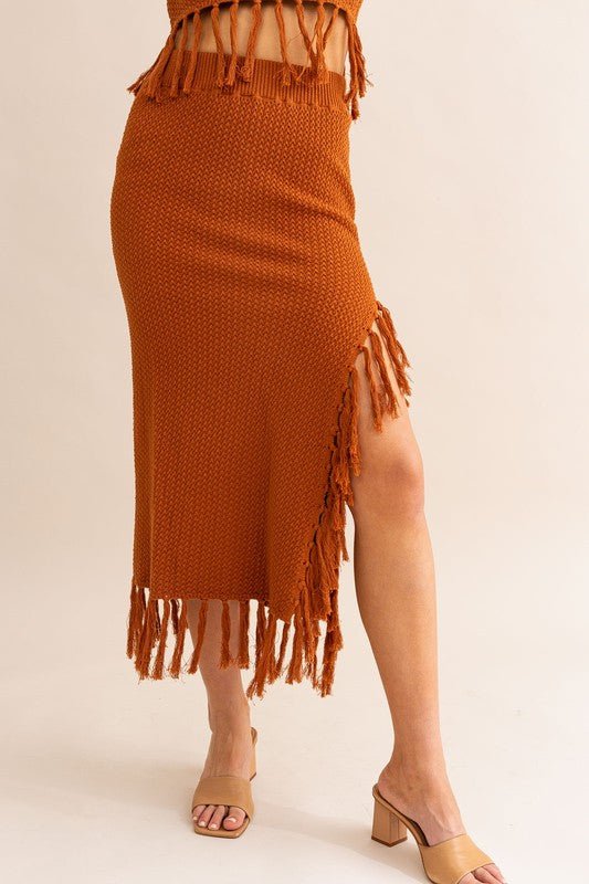 Brown Tassle Detail Spaghetti Sweater Crop Top - STYLED BY ALX COUTURESKIRTS