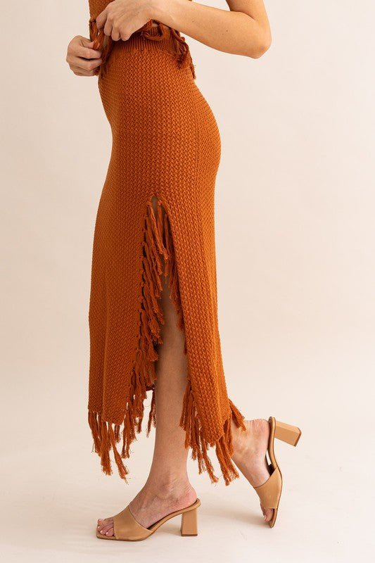 Brown Tassle Detail Spaghetti Sweater Crop Top - STYLED BY ALX COUTURESKIRTS