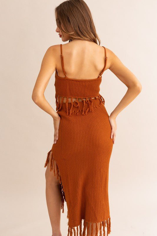 Brown Tassle Detail Spaghetti Sweater Crop Top - STYLED BY ALX COUTURESKIRTS