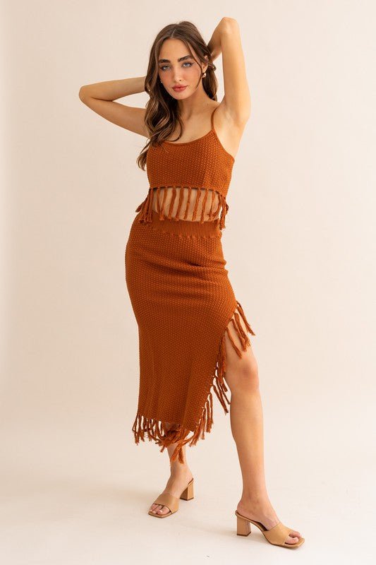 Brown Tassle Detail Spaghetti Sweater Crop Top - STYLED BY ALX COUTURESKIRTS