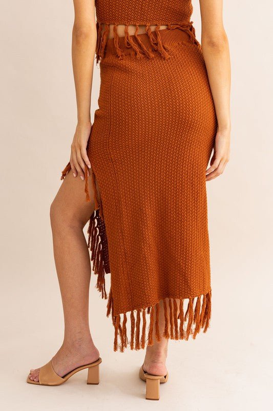 Brown Tassle Detail Spaghetti Sweater Crop Top - STYLED BY ALX COUTURESKIRTS