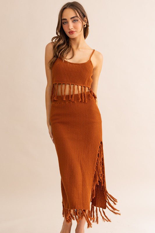 Brown Tassle Detail Spaghetti Sweater Crop Top - STYLED BY ALX COUTURESKIRTS