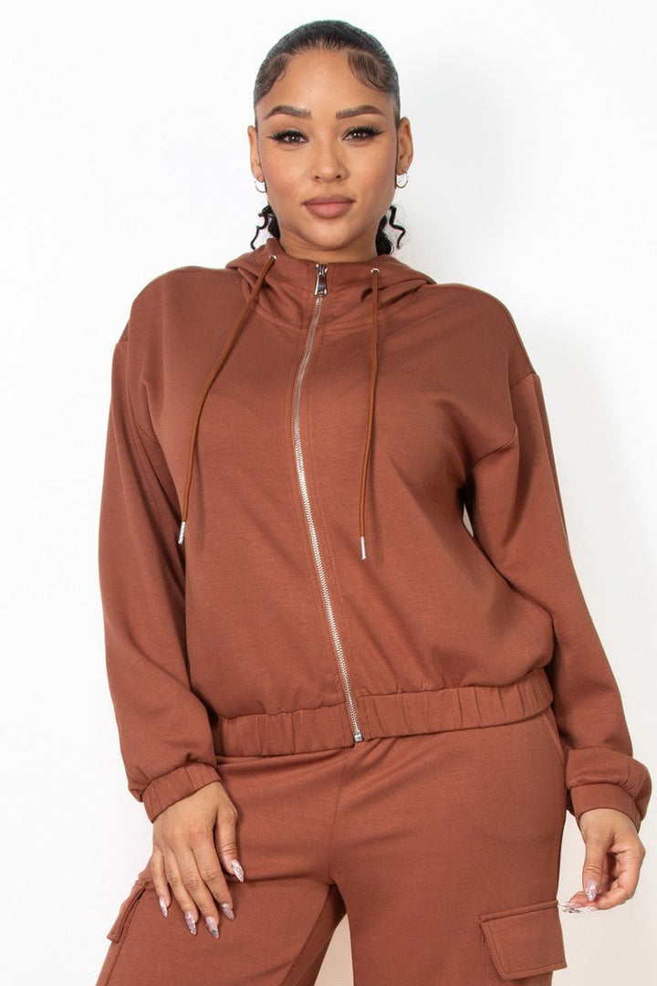 Brown Zip - Up Hoodie Drawstring Jacket - STYLED BY ALX COUTURECoats & Jackets