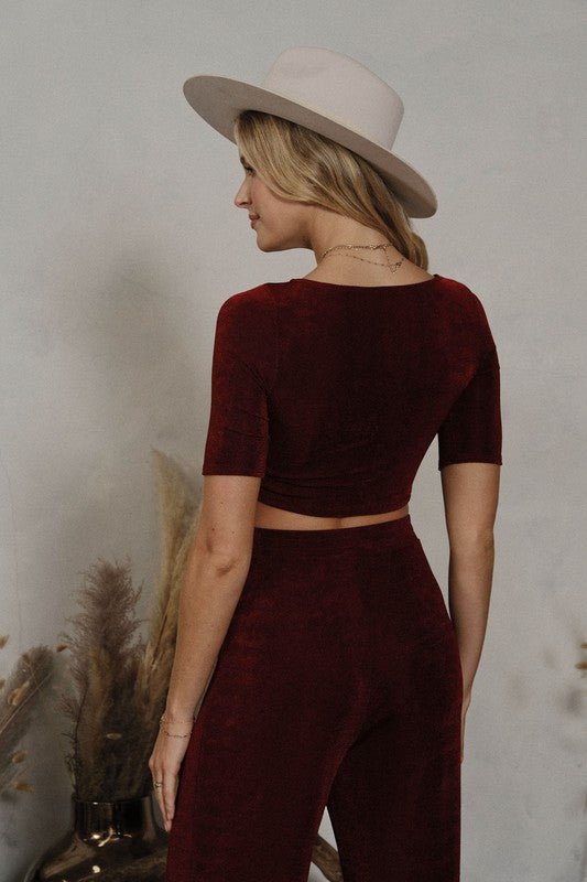 Burgundy Asymmetrical Neck Slinky Crop Top - STYLED BY ALX COUTUREShirts & Tops