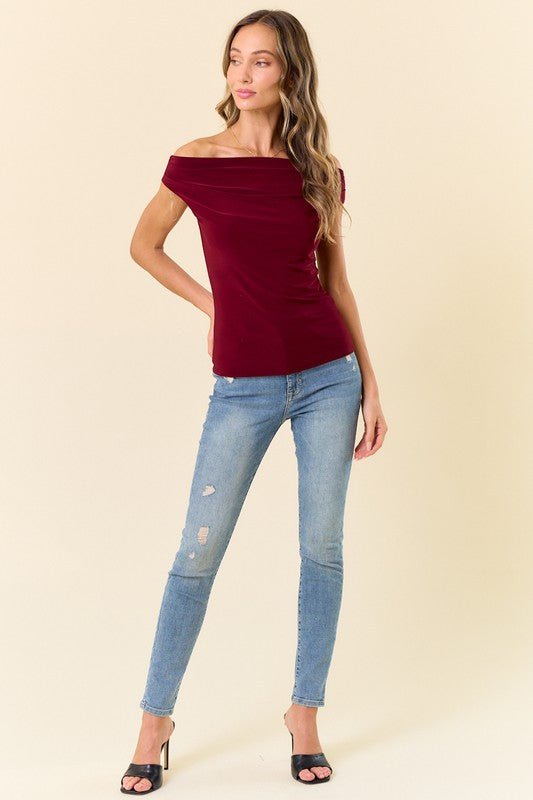 Burgundy Asymmetrical Neck Top - STYLED BY ALX COUTUREShirts & Tops