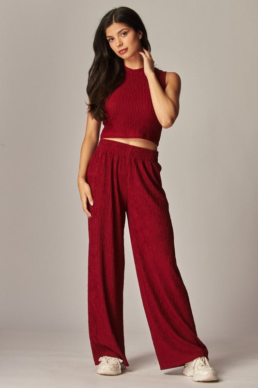 Burgundy Crinkle Textured Cropped Top Loungewear Set - STYLED BY ALX COUTUREOutfit Sets