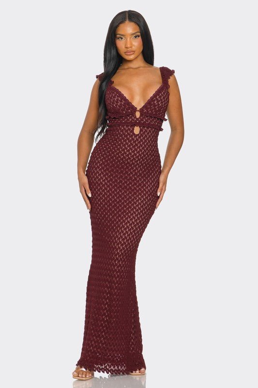 Burgundy Lace Ruffle Sleeve Maxi Dress - STYLED BY ALX COUTUREDresses