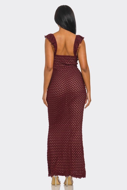 Burgundy Lace Ruffle Sleeve Maxi Dress - STYLED BY ALX COUTUREDresses