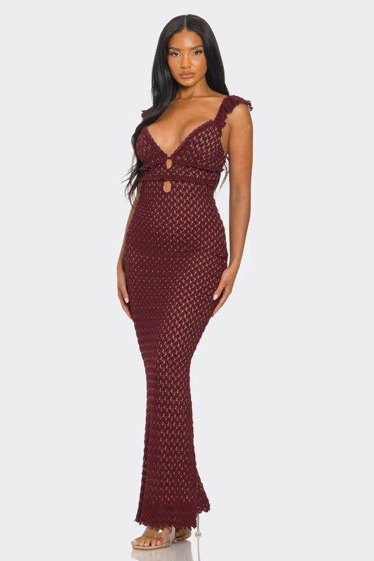 Burgundy Lace Ruffle Sleeve Maxi Dress - STYLED BY ALX COUTUREDresses