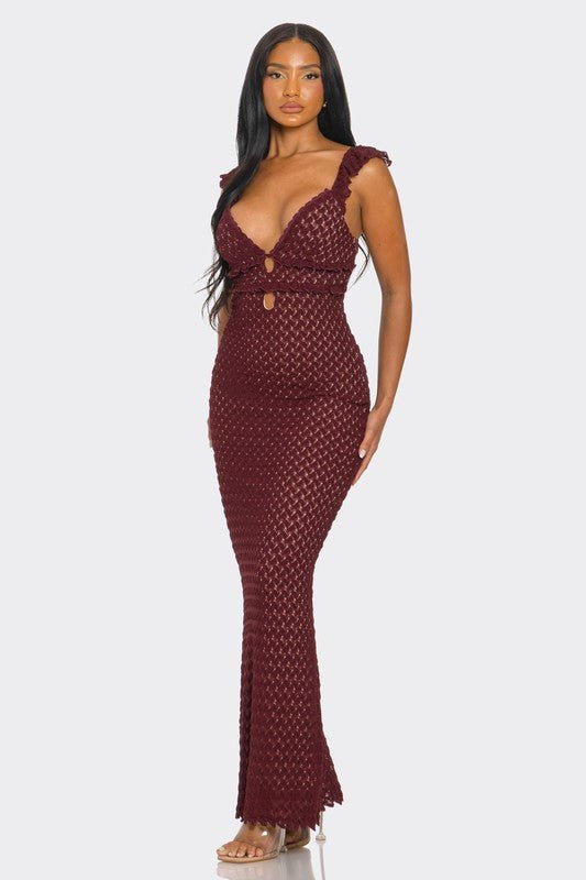 Burgundy Lace Ruffle Sleeve Maxi Dress - STYLED BY ALX COUTUREDresses