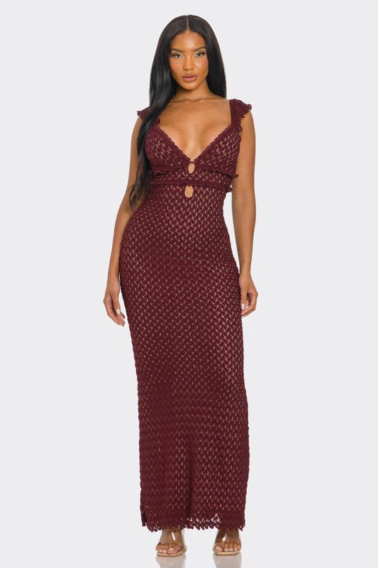 Burgundy Lace Ruffle Sleeve Maxi Dress - STYLED BY ALX COUTUREDresses