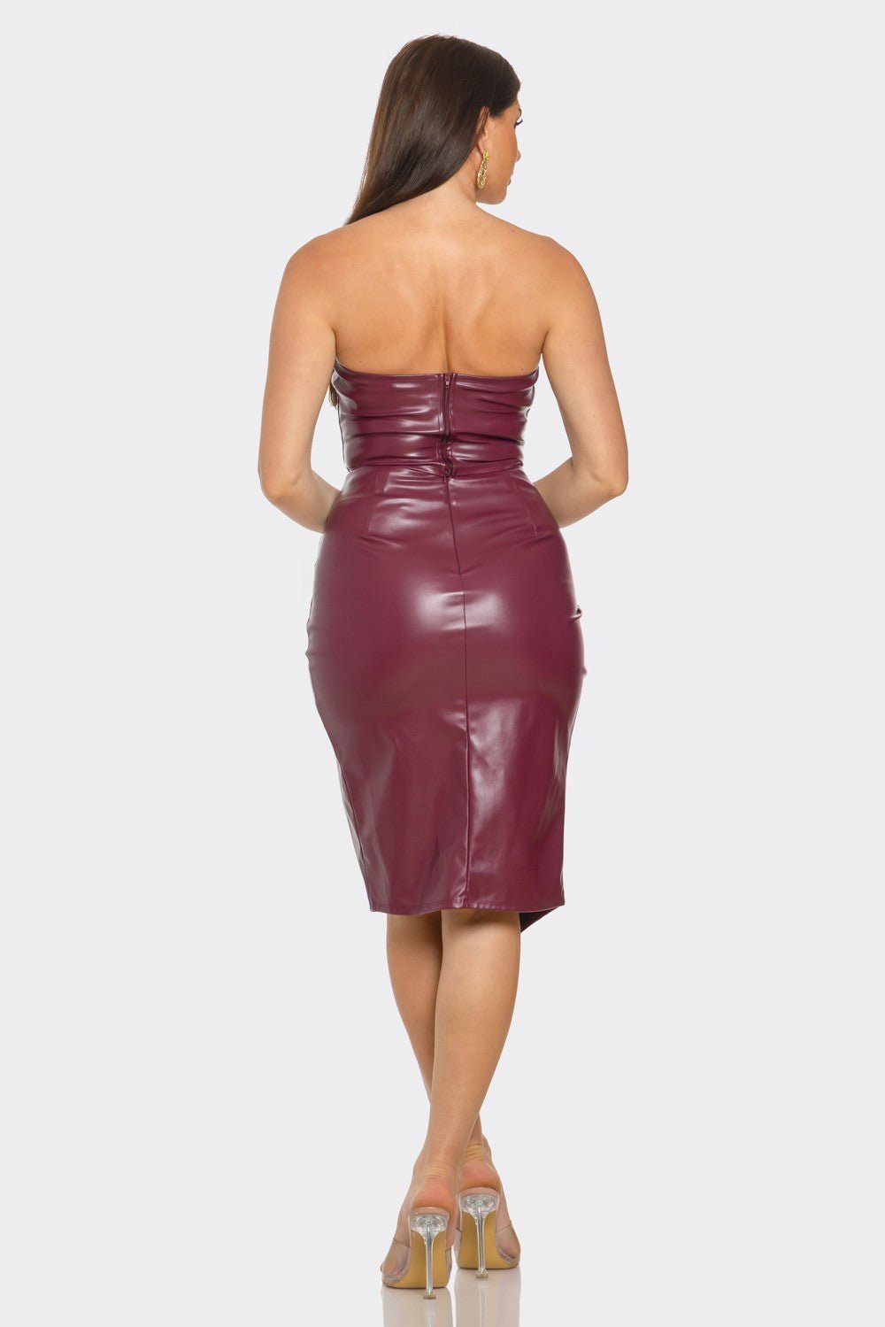 Burgundy Pu Leather Boned Bodice Corset Top and Wrap Midi Skirt Set - STYLED BY ALX COUTUREOutfit Sets