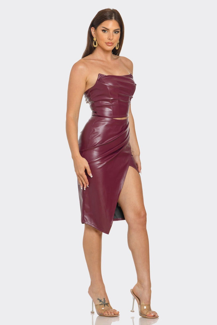 Burgundy Pu Leather Boned Bodice Corset Top and Wrap Midi Skirt Set - STYLED BY ALX COUTUREOutfit Sets