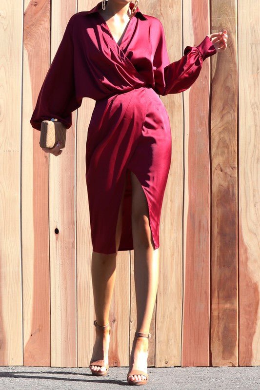 Burgundy Satin Loose Fit Shirt Dress - STYLED BY ALX COUTUREDresses