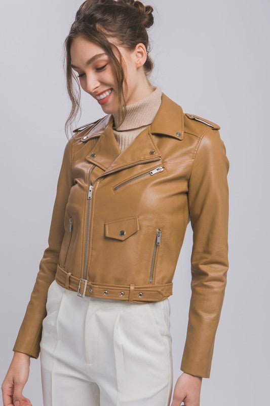 Camel Faux Leather Zip Up Biker Jacket - STYLED BY ALX COUTURECoats & Jackets