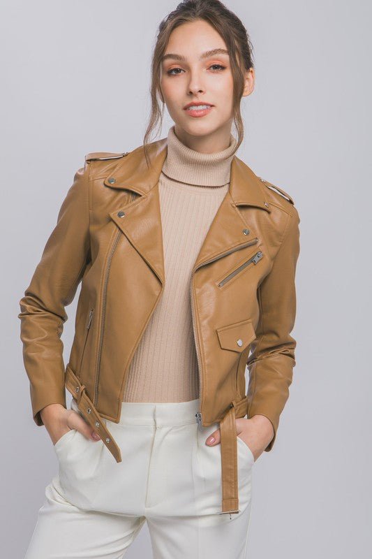 Camel Faux Leather Zip Up Biker Jacket - STYLED BY ALX COUTURECoats & Jackets