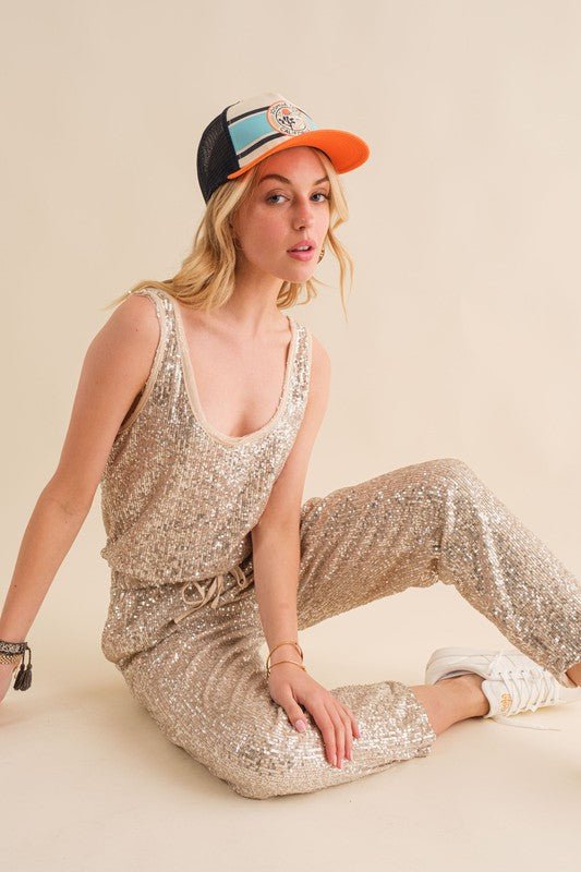 Champagne Sequin Elastic Waistband Jumpsuit - STYLED BY ALX COUTUREJumpsuits & Rompers