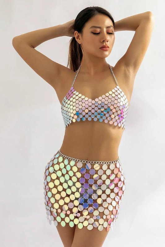 Colorful Squamous Sequin Disco Skirt Bra Set - STYLED BY ALX COUTUREOutfit Sets