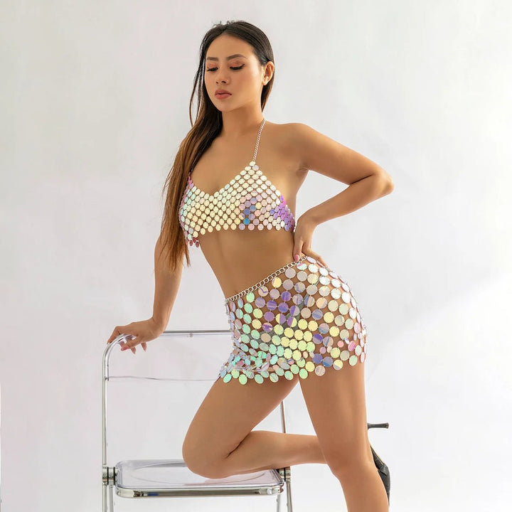 Colorful Squamous Sequin Disco Skirt Bra Set - STYLED BY ALX COUTUREOutfit Sets