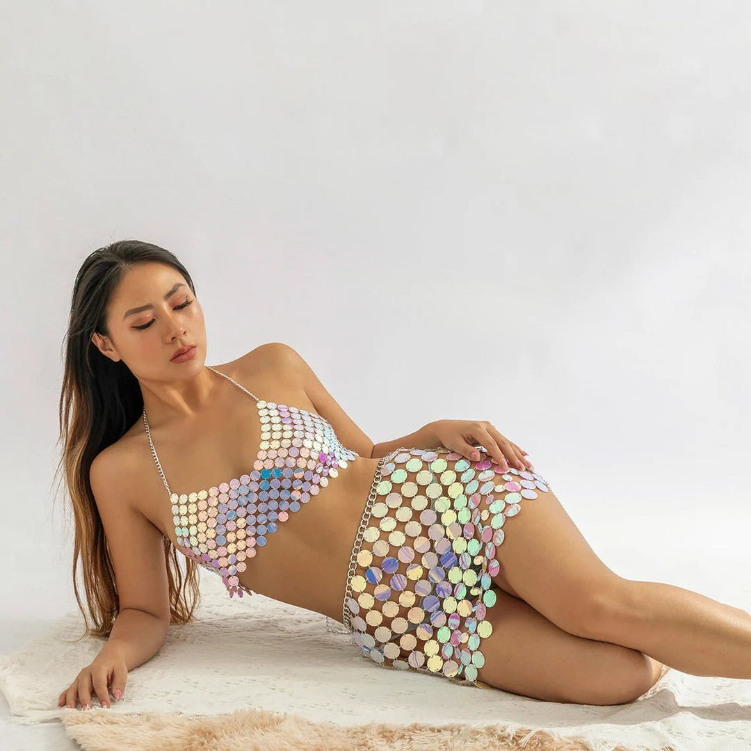 Colorful Squamous Sequin Disco Skirt Bra Set - STYLED BY ALX COUTUREOutfit Sets