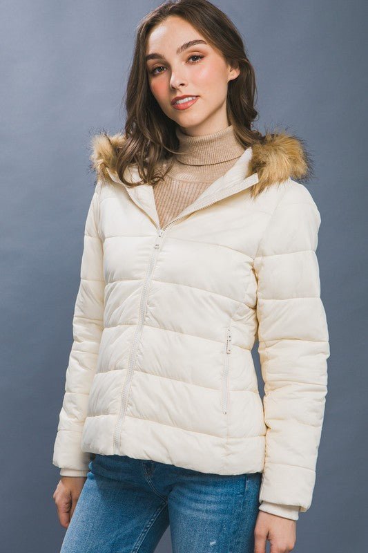 Cream Puffer Jacket With Faux Fur Hoodie - STYLED BY ALX COUTURECoats & Jackets