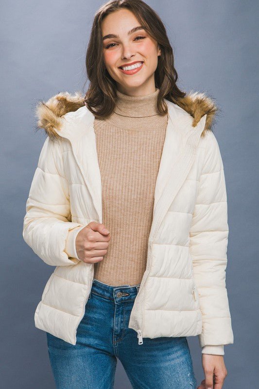 Cream Puffer Jacket With Faux Fur Hoodie - STYLED BY ALX COUTURECoats & Jackets