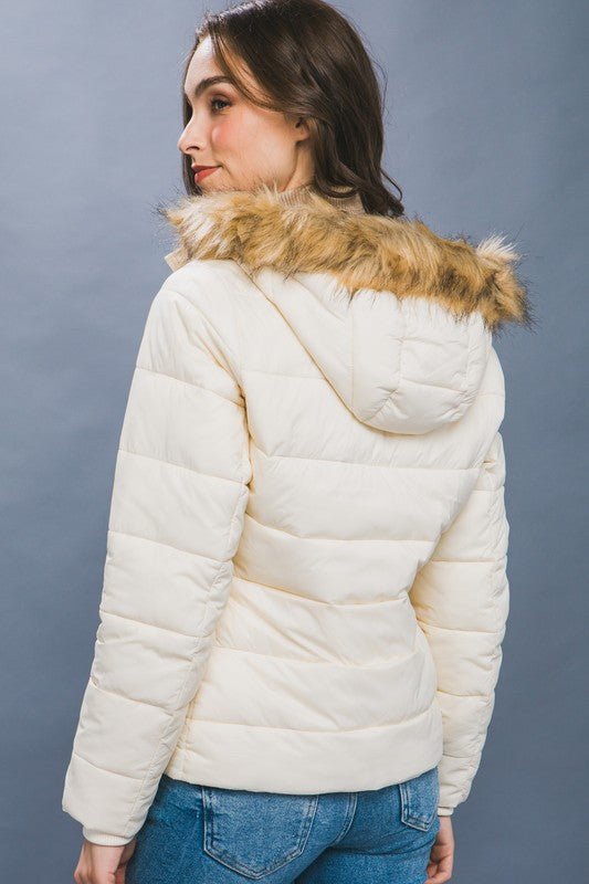 Cream Puffer Jacket With Faux Fur Hoodie - STYLED BY ALX COUTURECoats & Jackets