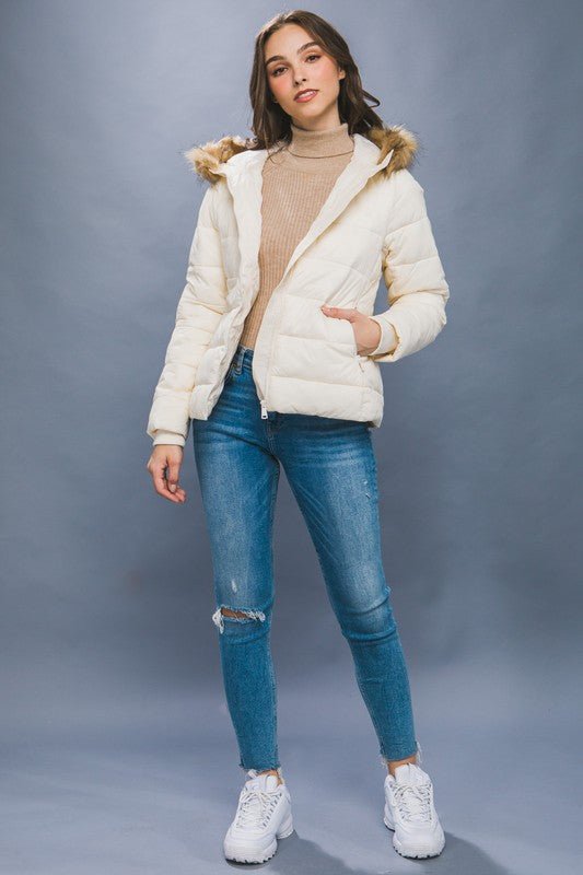 Cream Puffer Jacket With Faux Fur Hoodie - STYLED BY ALX COUTURECoats & Jackets