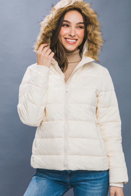 Cream Puffer Jacket With Faux Fur Hoodie - STYLED BY ALX COUTURECoats & Jackets