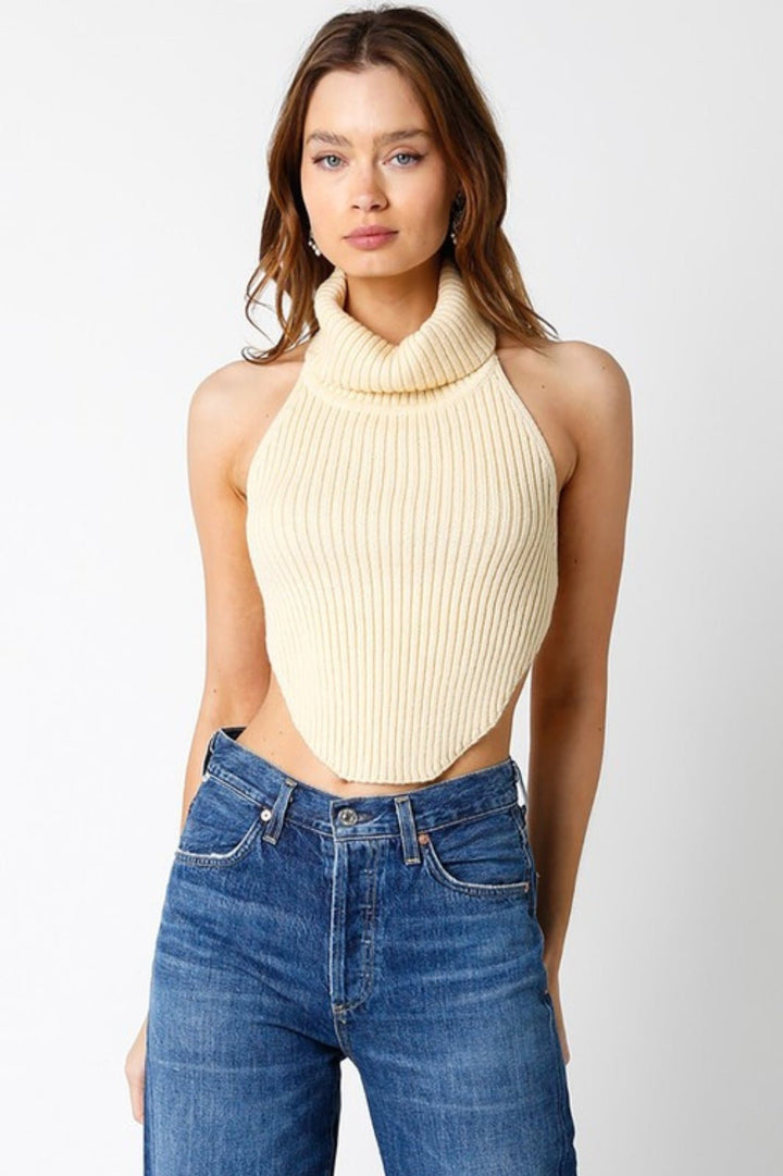 Cream Turtle Neck Halter Open Back Cropped Sweater Tops - STYLED BY ALX COUTUREShirts & Tops