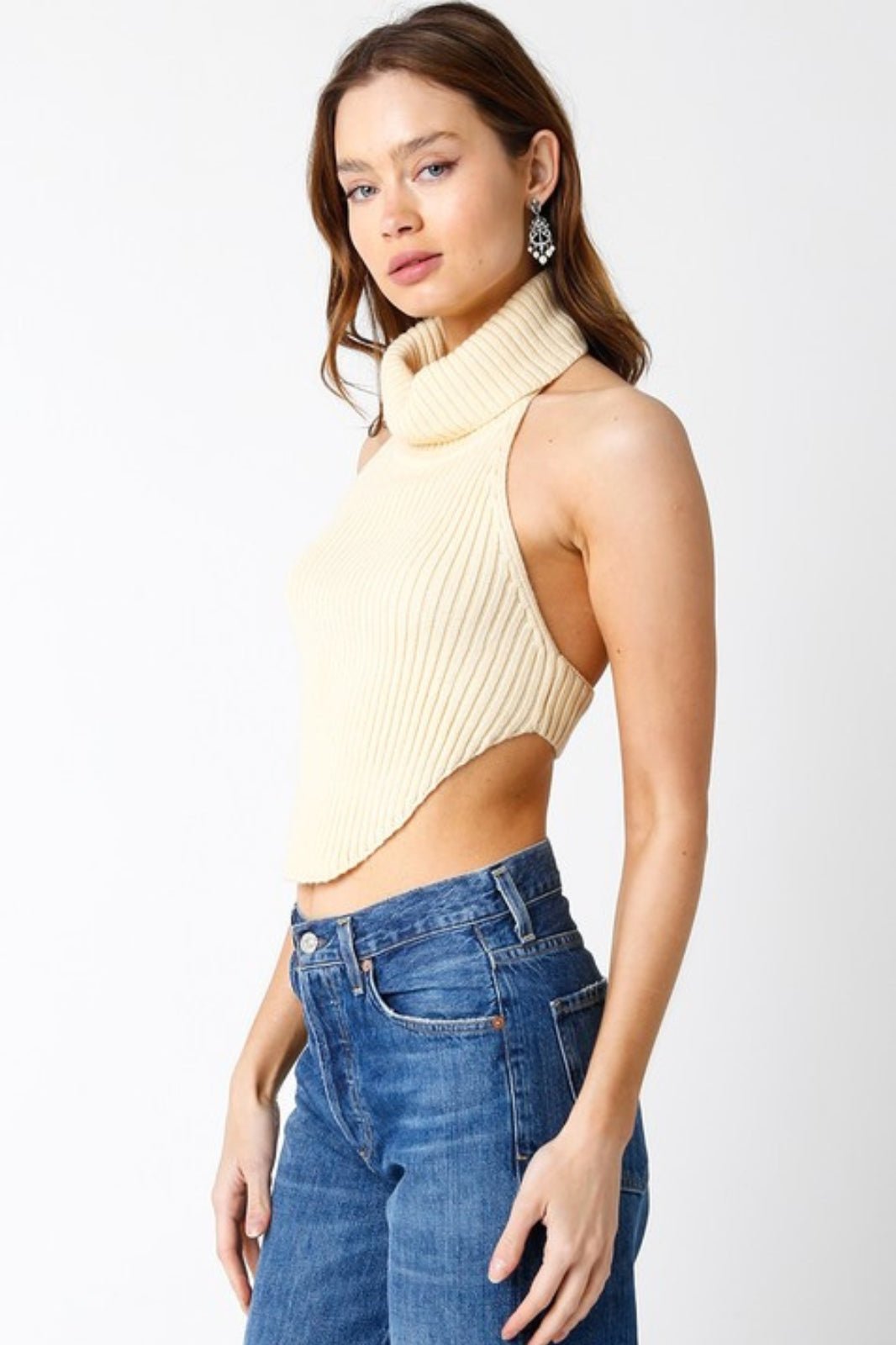 Cream Turtle Neck Halter Open Back Cropped Sweater Tops - STYLED BY ALX COUTUREShirts & Tops