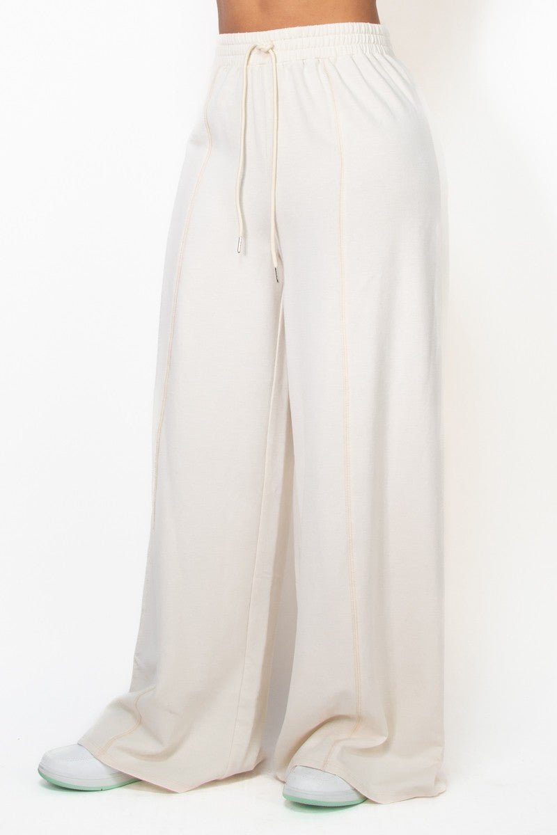 Cream Wide Leg Elastic Drawstring Pants - STYLED BY ALX COUTUREPANTS