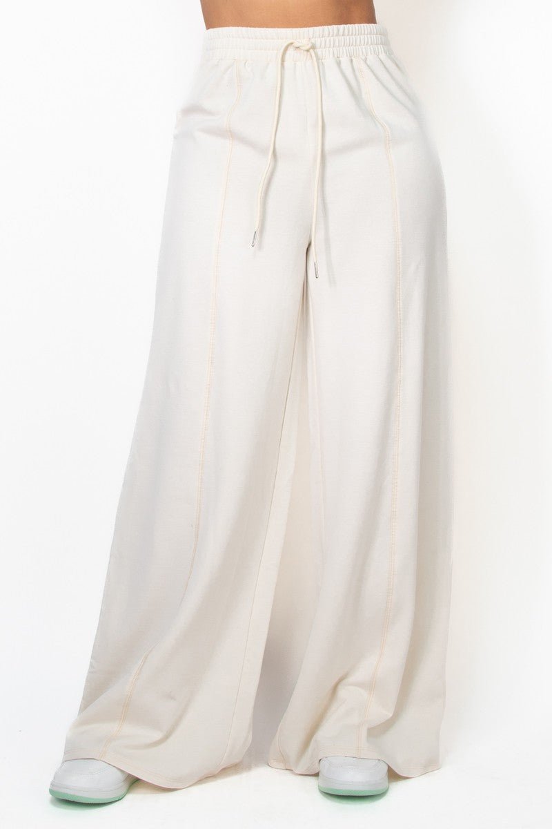 Cream Wide Leg Elastic Drawstring Pants - STYLED BY ALX COUTUREPANTS