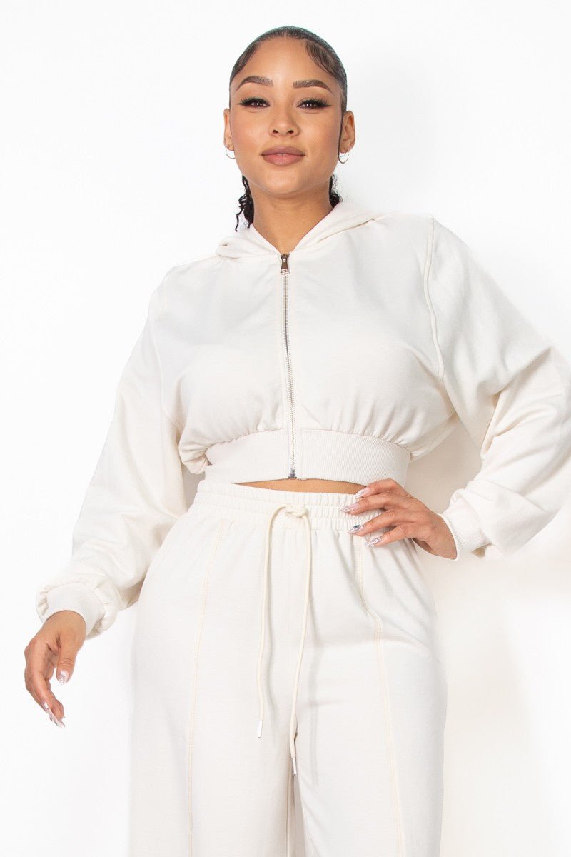 Cream Zip - Up Hoodie Solid Crop Jacket - STYLED BY ALX COUTURESWEATERS