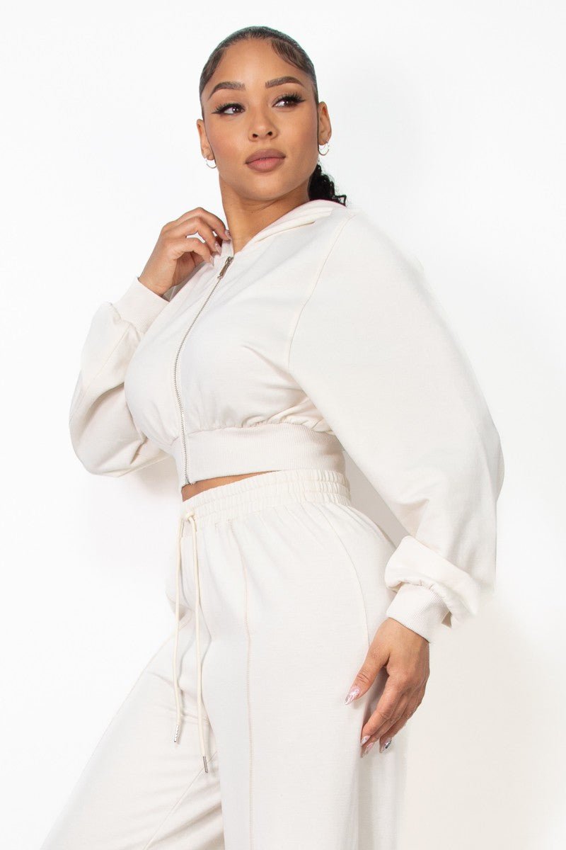 Cream Zip - Up Hoodie Solid Crop Jacket - STYLED BY ALX COUTURESWEATERS