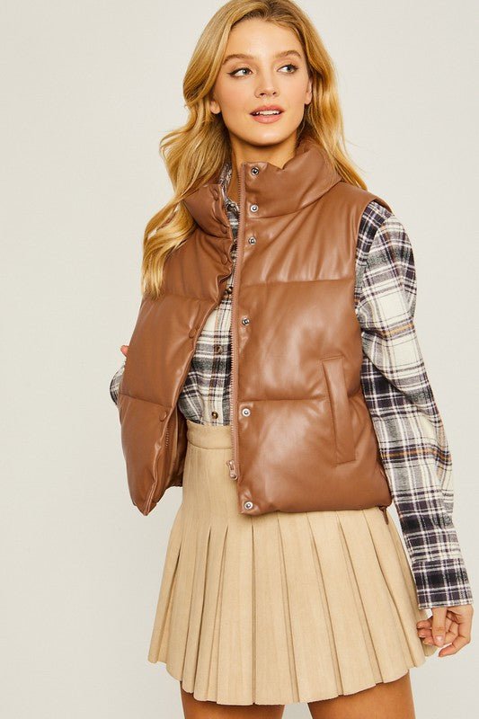 Dark Caramel PU Leather Padded Vest - STYLED BY ALX COUTURECoats & Jackets