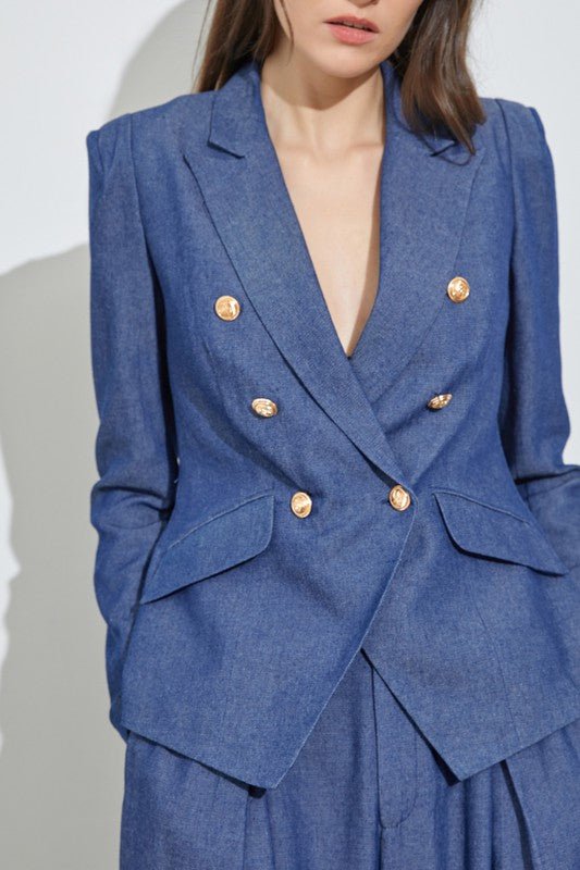 Dark Denim Button Detail Blazer - STYLED BY ALX COUTUREBlazer